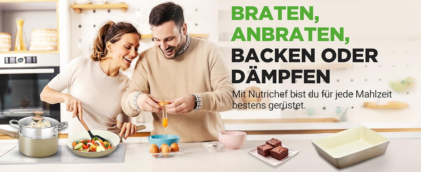 Набір посуду NutriChef 54 шт. – сковороди, каструлі, кухонні аксесуари талового кольору. З ножами, формами для випічки та аксесуарами. Підходить для індукційних, газових та електричних плит. Здорове та дієтичне приготування їжі