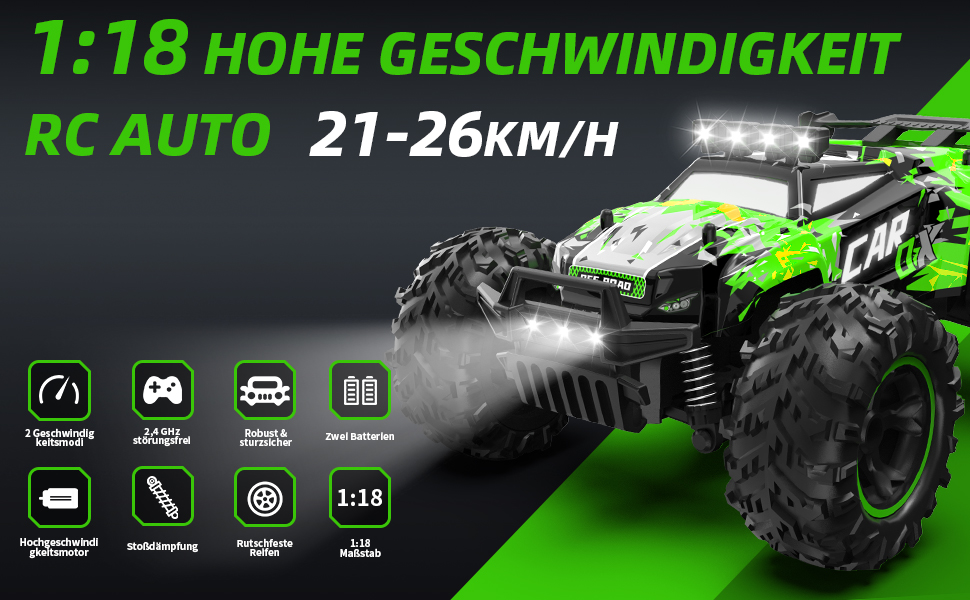 Радіокерований позашляховик Carox 1:18 2.4GHz 25 км/год з підсвічуванням, Monstertruck для гри