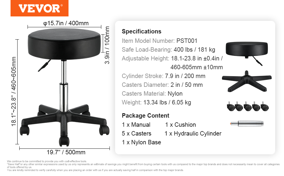 Сідло-стілець VEVOR 500x500x460 мм, регульована висота 460-605 мм, вантажопідйомність 181 кг, для офісу, стоматології, салонів, лабораторій