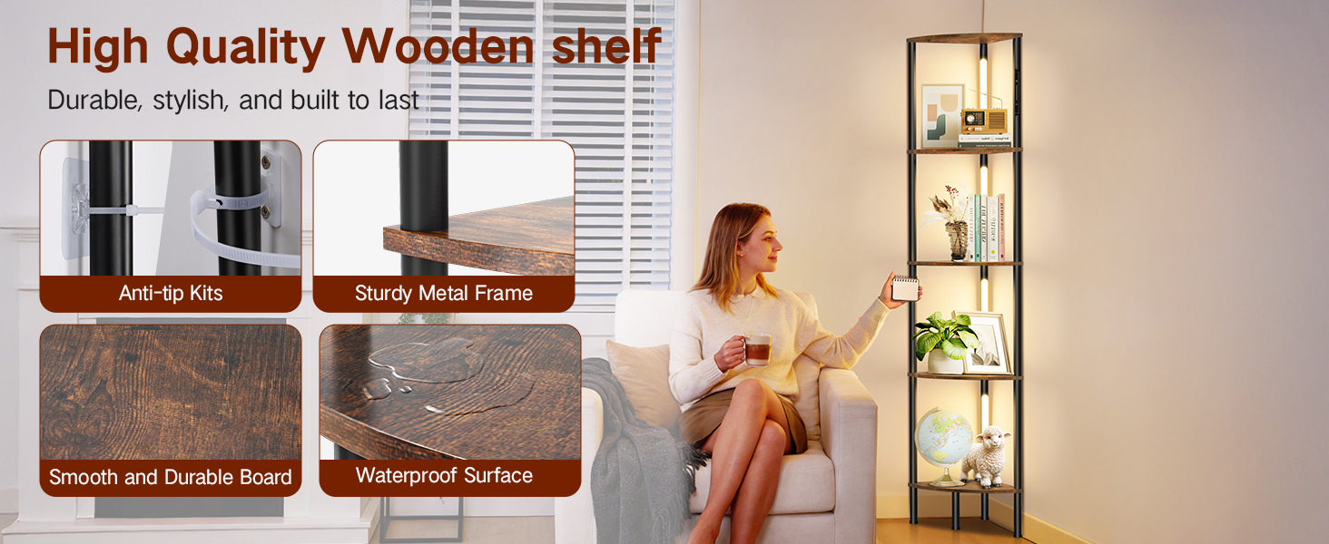 LED торшер з полицею, 3 режими світла, димування (сенсор/пульт), кутова полиця 5-рівнів, вузький книжковий стелаж для вітальні, спальні, офісу (білий)