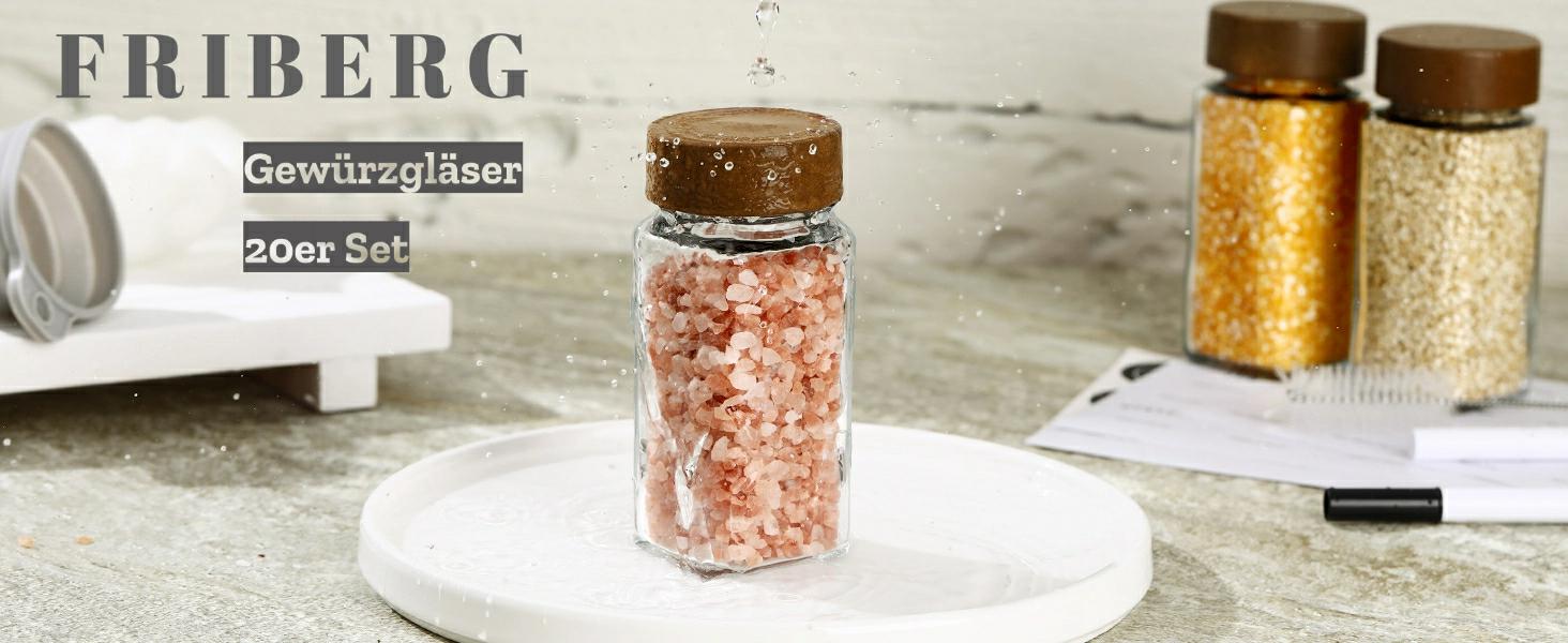 Набір скляних банок для спецій FRIBERG (20 шт.) з дерев'яними кришками, млини для спецій, етикетки