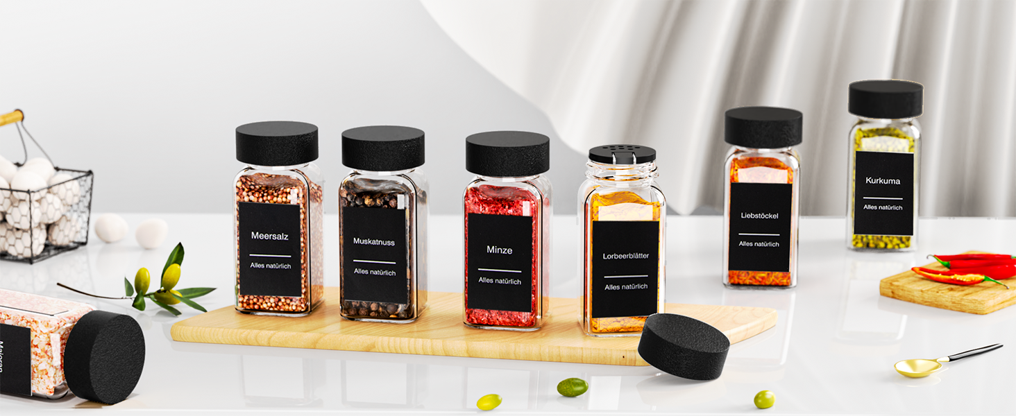 Набір баночок для спецій на 24 шт. (120 мл) – чорний, з кришками, ситечком, воронкою та 340 етикетками | Органайзер для спецій
