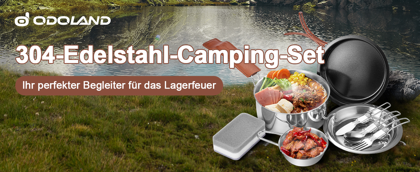 Набір посуду для кемпінгу Odoland: каструля, сковорода, тарілки, миски, столові прибори (10 шт.) з антипригарним покриттям та шкіряним чохлом