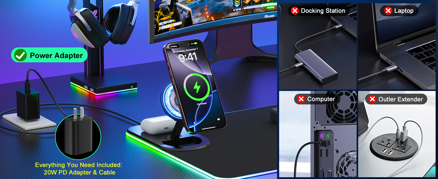 RGB ігровий килимок для миші з бездротовою зарядкою Qi 15W, LED підсвічуванням, 10 режимів, водонепроникний, протиковзкий, для геймінгу, офісу та дому (чорний)