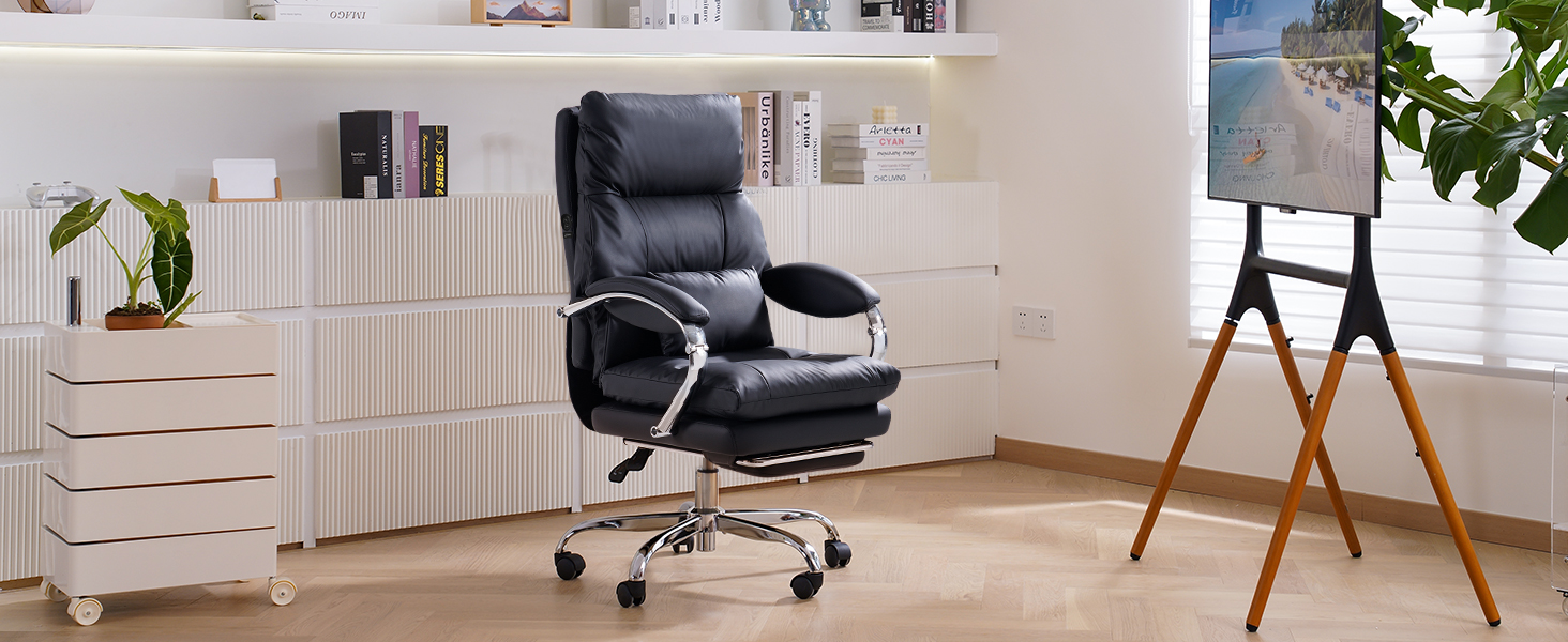 Офісний крісло EMIAH з підніжкою, комфортний крісло для роботи з підлокітниками, ергономічний крісло для начальника з PU шкіри та роликами, ігровий комп'ютерне крісло з потовщеною подушкою,(Чорний)