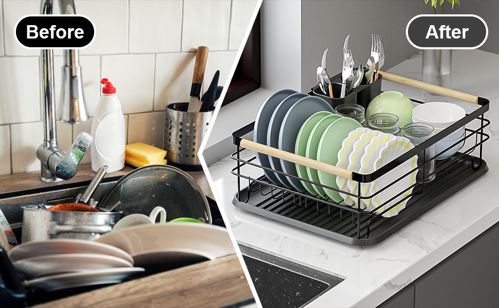 Сушарка для посуду Dreamhigh® з піддоном та контейнером для столових приборів, чорна, 43x30.5x14 см, для 3-5 осіб