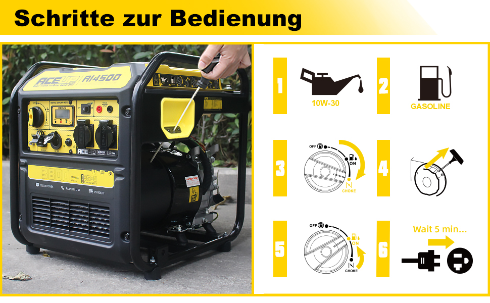 Інверторний генератор Aceup 3400W: бензиновий, 230V, 12V, USB, цифровий дисплей, для дому, кемпінгу, 4-тактний, 23кг