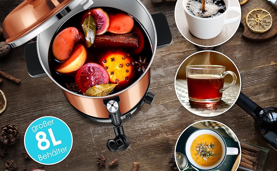 KESSER® Глювайновий котел 8л з нержавіючої сталі, 10 склянок, термостат, автомат для глінтвейну, гарячих напоїв, чайник, дозатор гарячої води, автоклав, індикатор рівня, кран, сріблястий