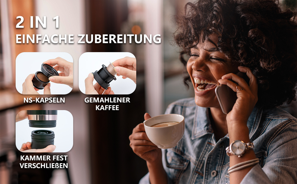 Електрична портативна кавомашина еспресо CERA+ з авто-нагрівом, сумісна з меленою кавою та капсулами NS, з переносною сумкою