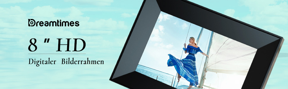 Цифровий фоторамка Dreamtimes 8 дюймів з Wi-Fi, IPS HD сенсорний екран, оновлена версія 2022, просте налаштування, діліться фото та відео через додаток AiMOR з будь-якого місця