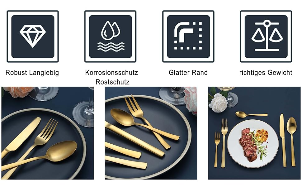 Набір столових приборів Hunnycook 60 предметів з нержавіючої сталі на 12 осіб (золотий) - виделки, ложки, ножі, поліровані, для дому, ресторану, посудомийна машина