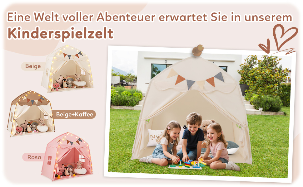 Дитячий ігровий будиночок COSTWAY, намет для дітей з прапорцями та гірляндою, намет принцеси, великий намет для дитячої кімнати для хлопчиків та дівчаток від 3 років, 157 x 98 x 148 см (Бежевий)