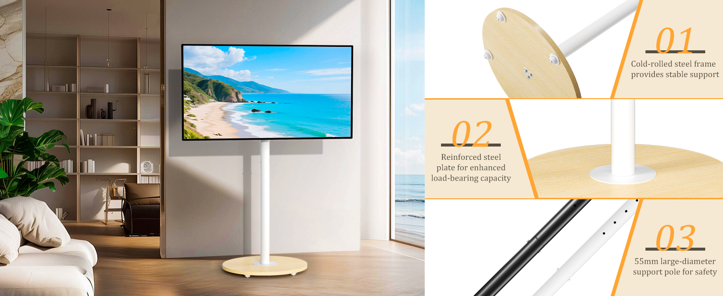 Підставка для телевізора Unho з регульованою висотою, біла, на коліщатках, для екранів 40-75 дюймів, VESA 600x400 мм, до 50 кг