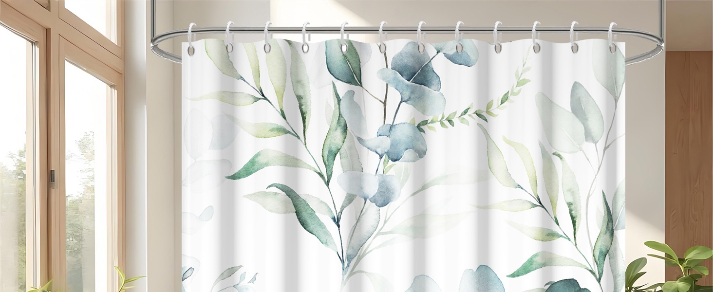 Шторка для душу 180x220 см, антигрибкова, з тропічним дизайном (зелені пальмові листя, евкаліпт, гриби), водонепроникна, з поліестеру, придатна для прання, для ванної кімнати, з 12 гачками