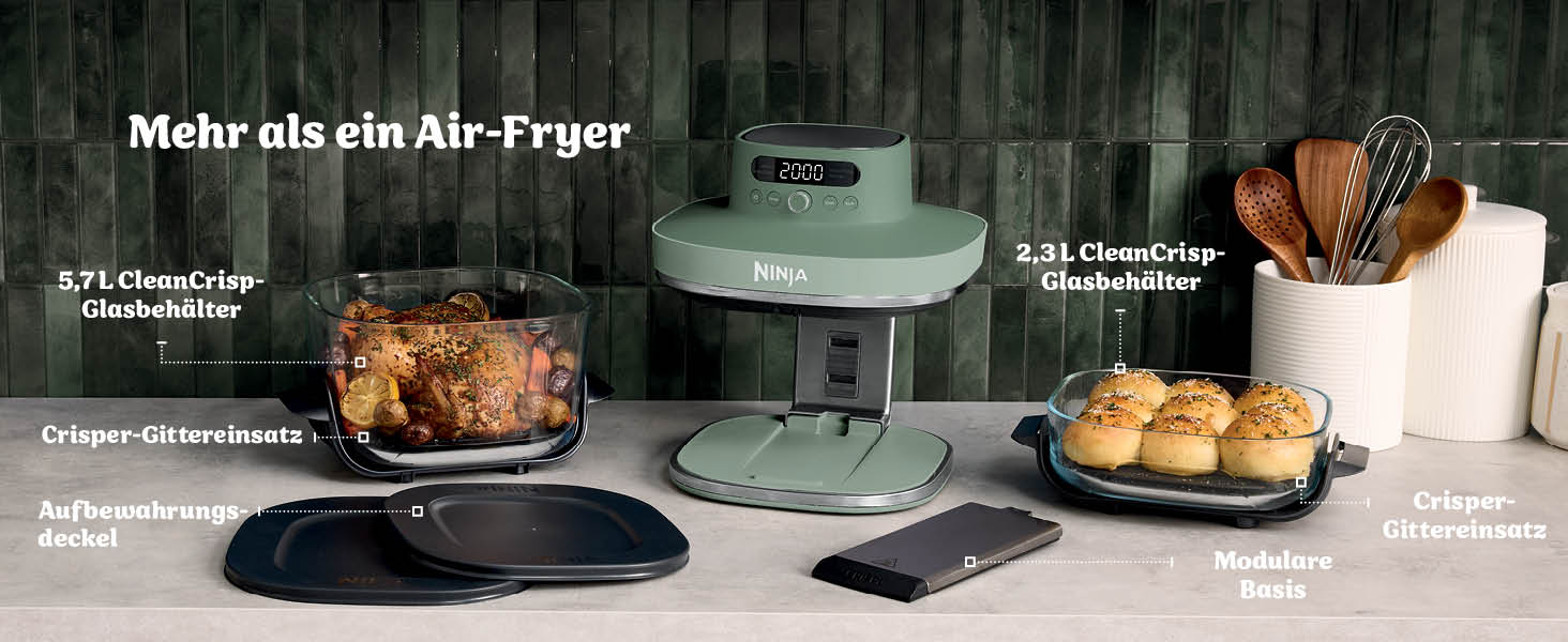 Скляна аерофритюрниця Ninja CRISPi PRO XL Air Fryer з 5 функціями, контейнерами CleanCrisp (5,7 л та 2,3 л) та кришкою для зберігання, колір моховий зелений, AS090EUGN
