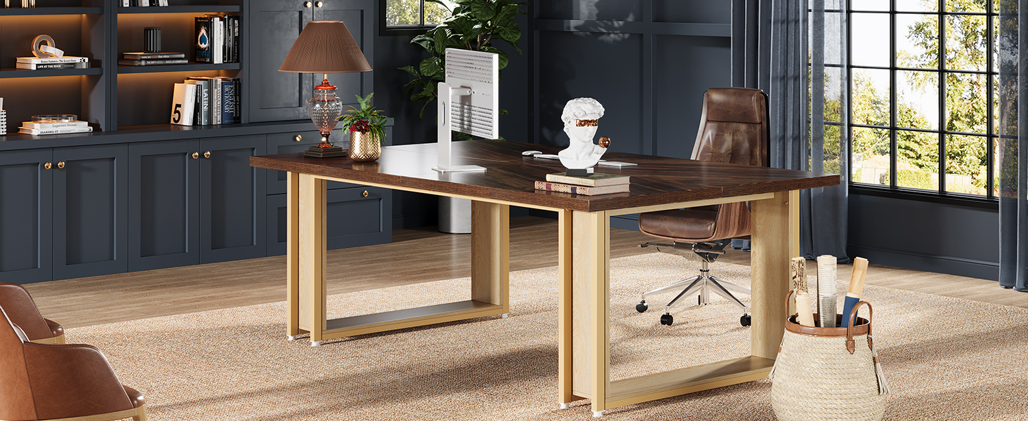 Tribesigns: Стол для офісу 160 см, дерев'яний, великий комп'ютерний стіл, коричневий, з металевим каркасом