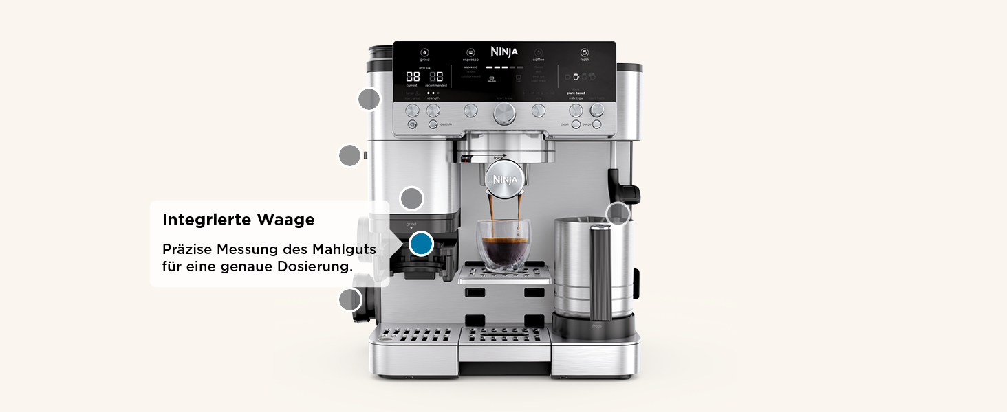 Кавомашина Ninja Luxe Premier 3-в-1 з млинком і капучинатором, для латте, капучино, еспресо, холодної кави, 4 режими спінювання, срібляста, ES601EU, євро-штекер