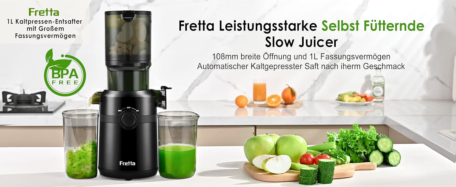 Фреш-прес Fretta: повільний соковичавник 1л, BPA-free Tritan, 200W, чорний