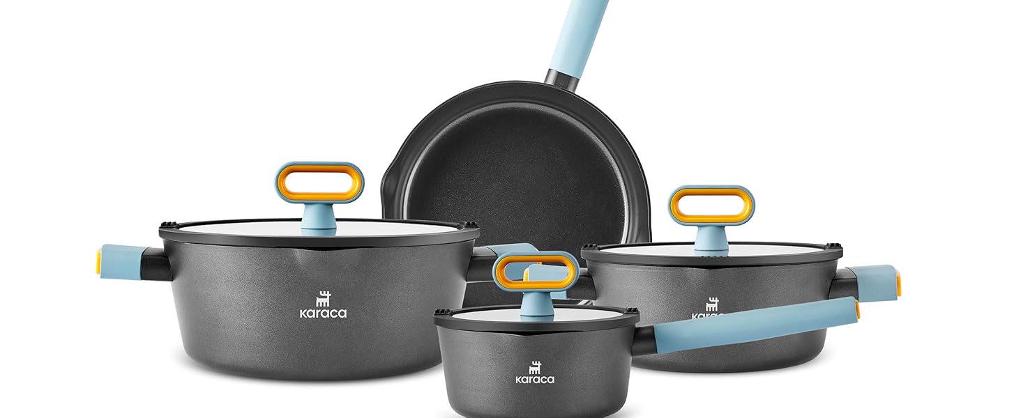 Набір кухонного посуду Karaca Fancy 7 предметів з кераміки з кришкою з скла, антипригарне покриття SwissCrystal без PFAS, включає каструлю, каструлі з кришками та сковороду