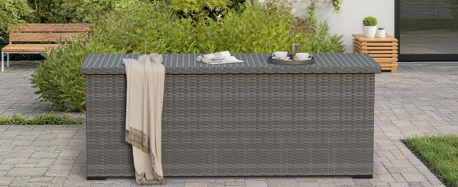 Водонепроникний садовий ящик Amopatio Gartenbox 650л з поліротангу для подушок, металевий ящик для зберігання з газліфтами для саду та балкону, сірий