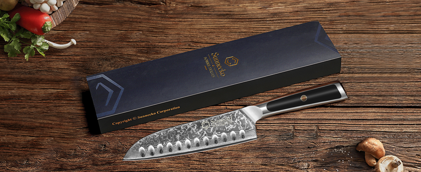 Ніж Sunnecko Дамаск - кухонний ніж. Гострий ніж з дамаської сталі. Азіатський універсальний кухонний ніж для дому та кухні з ергономічною ручкою (7 дюймів Сантоку)