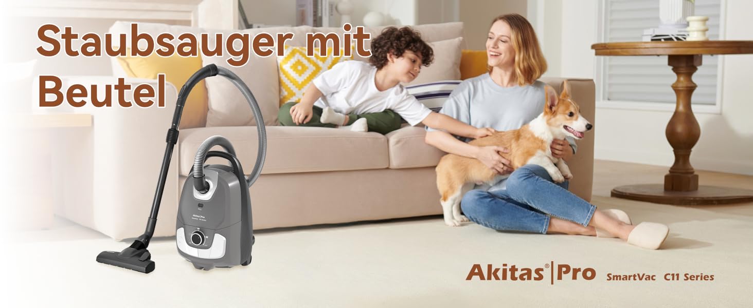 Пылесос Akitas C11 900W с мешком – сетевой шнур 7 м, радиус действия 10 м, тихая работа 70 дБ, с дополнительной насадкой для пола, регулируемая мощность всасывания, большой объем, для твердых полов и ковров