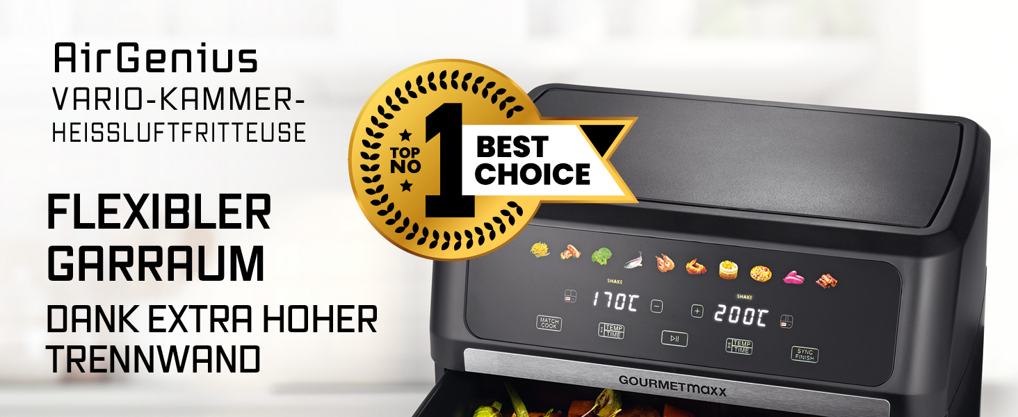 Аерофритюрниця GOURMETmaxx AirGenius 10Л з двома камерами (2x5Л), сенсорним керуванням та 10 програмами приготування, для 8 осіб