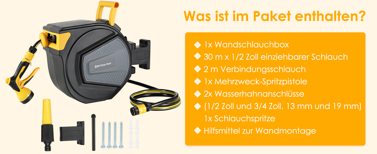 Шланговий барабан з шлангом для саду з автоматичним змотуванням, поворотний на 180°, настінна шланговий бокс з ручною лійкою (9 функцій), для поливу та миття авто (чорно-жовтий, 30м)
