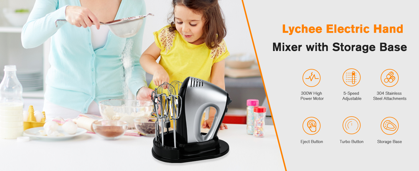 Електричний міксер Lychee з анти-розбризкуванням, 6 насадок, 5 швидкостей + Turbo, 300W, для кухні та випічки