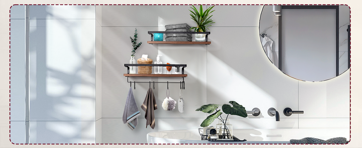 Набір навісних дерев'яних полиць Uten у рустикальному стилі з тримачем для рушників, 2 шт., світло-коричневий (ретро-кава) для ванної, кухні, вітальні та спальні