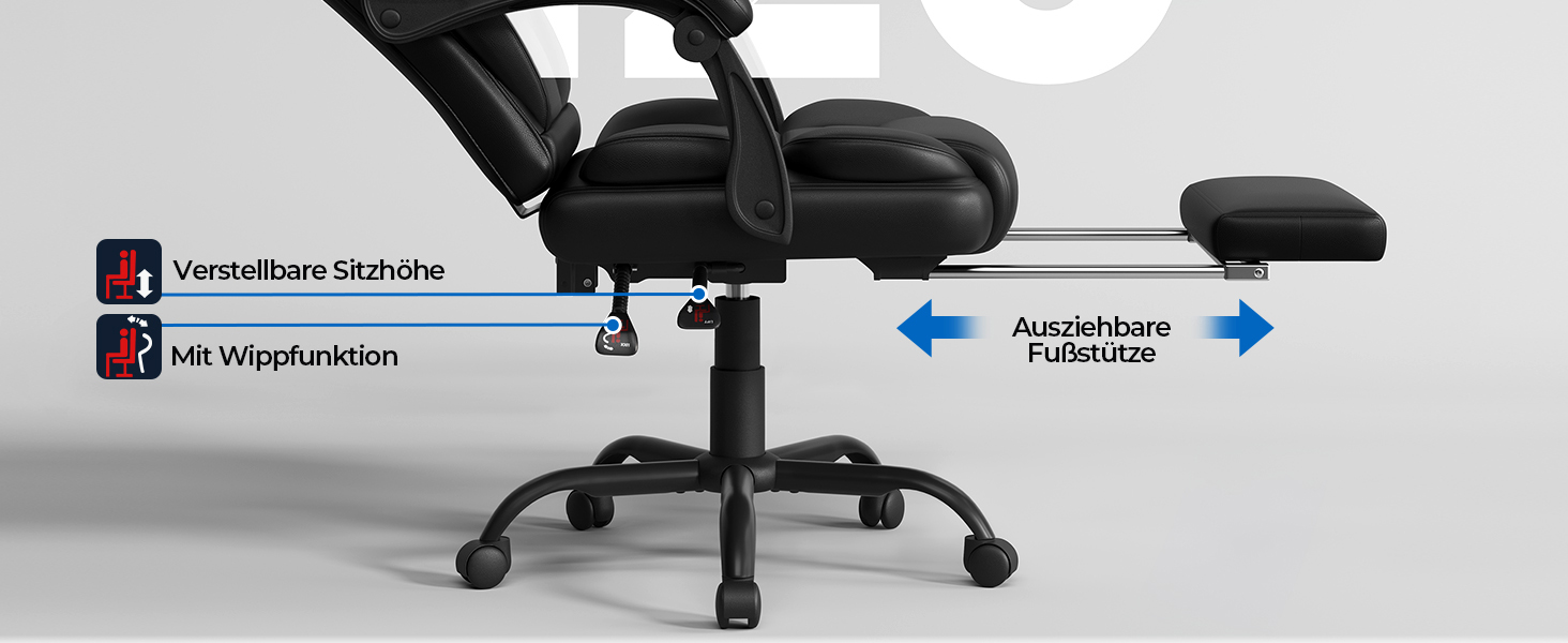 Ергономічне крісло Yaheetech для офісу, шезлонг з підставкою для ніг, комп'ютерне крісло з регульованими підлокітниками, висока спинка, регульована висота, для офісу, біле (чорне)