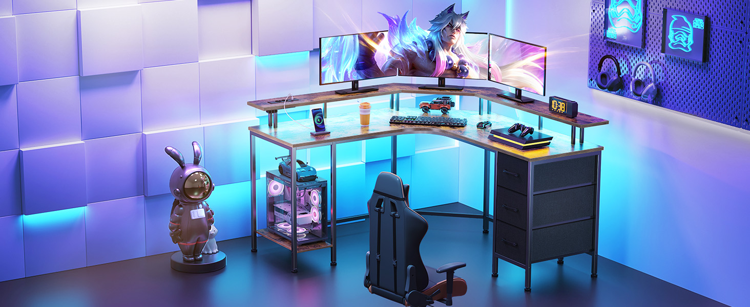 Ігровий кутовий стіл Seventable L-подібної форми з LED підсвіткою та розетками, 3 висувні ящики, стіл для дому та геймінгу, 135x135x88 см (Вінтажний коричневий)