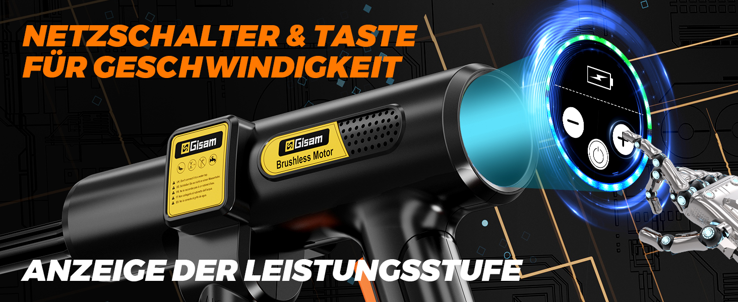 Акумуляторний високонапірний мийник Gisam, 65 Bar, 943 PSI, 2 x 4000mA, з піноплавником, 6-в-1 насадка, поворотна на 180° для авто (Gisam-01)