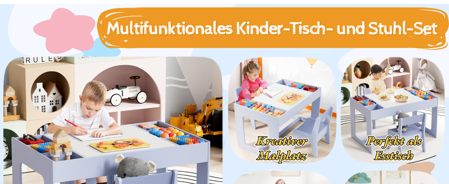 Дитячий стіл та комплект стільців Mamizо з місцем для зберігання, блакитний. Підходить для дитячої кімнати, школи, дитячого садка, від 3 років.