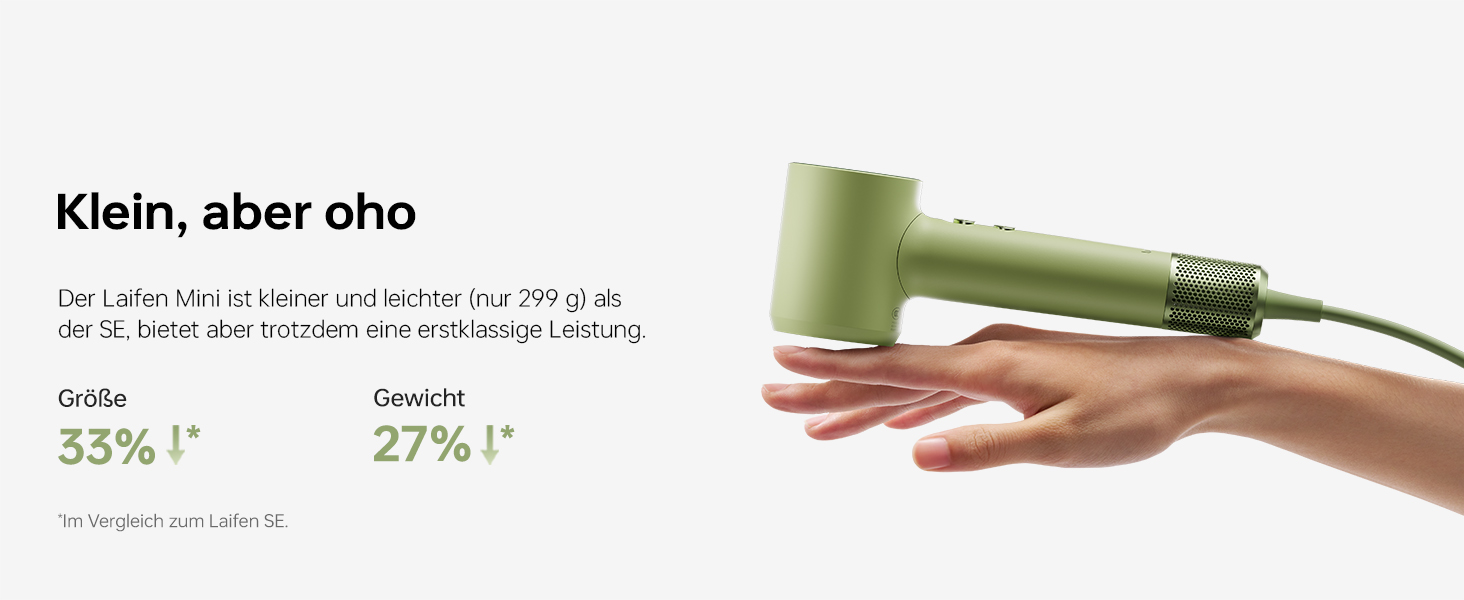 Компактний фен для волосся Laifen Mini з безщітковим двигуном (110 000 об/хв) та іонізацією, швидке сушіння, низький рівень шуму, колір зелений