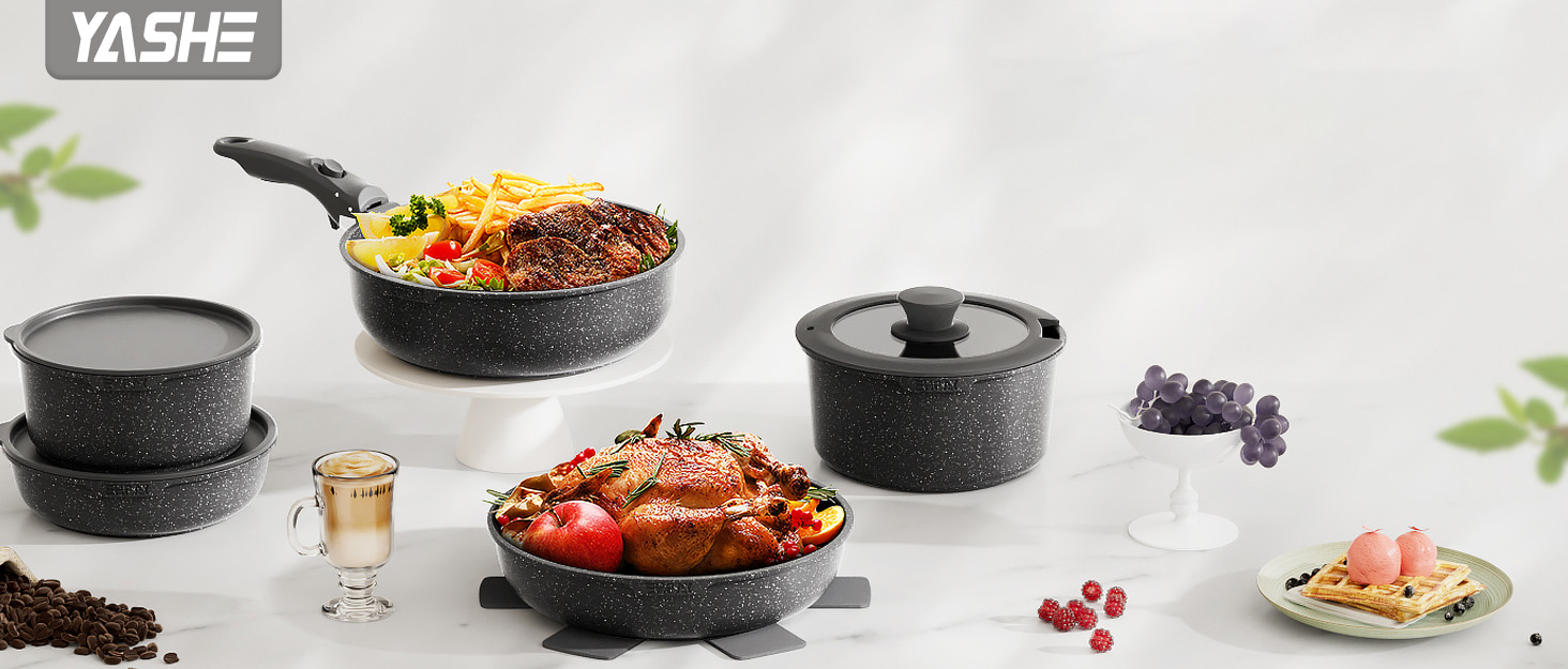 Набір кухонного посуду YASHE 15 предметів: каструлі та сковорідки з гранітно-покриттям, знімні ручки, стакеві, легко миються, сумісні з індукцією, газом та склокерамікою, білий