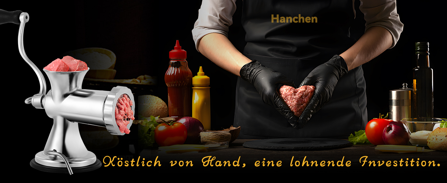 М'ясорубка ручна Hanchen з нержавіючої сталі, багатофункціональна, для ковбас та овочів (12 насадок)