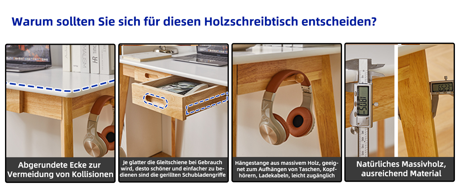 Дерев'яний письмовий стіл з шухлядою та вішалкою, 100 x 50 x 75 см, YD-WD01N. Компактний комп'ютерний стіл з натуральним деревом.