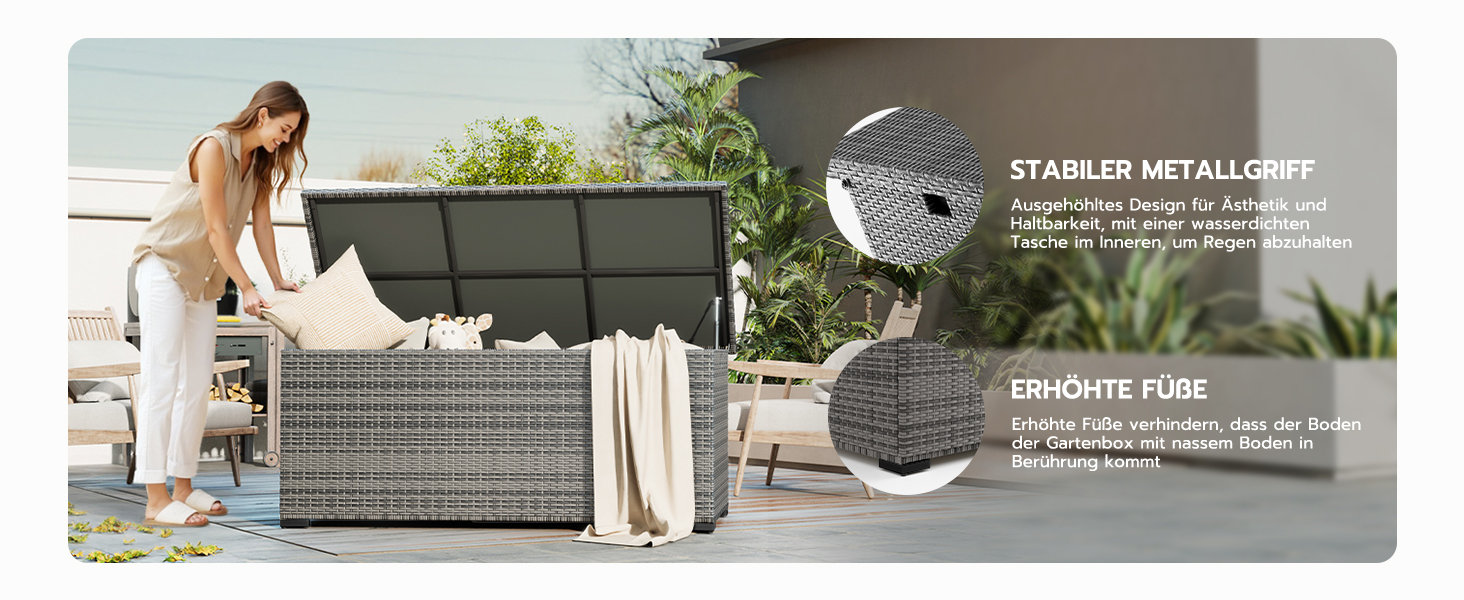 Водонепроникний садовий ящик Amopatio Gartenbox 650л з поліротангу, сірий. Ящик для подушок, металева коробка для зберігання з газліфтами для саду, балкону
