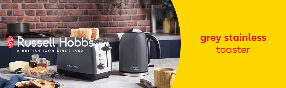 Тостер Russell Hobbs Colours Plus Edelstahl на 2 тости, сірий. З широкими слотами, підставкою для булочок, 6 режимів підсмажування, розморожуванням, функцією Lift & Look, 1600 Вт