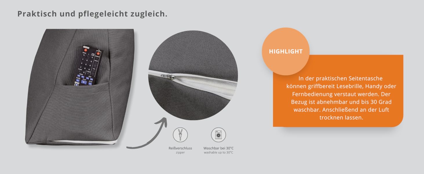 Подушка для спини в ліжко та на диван sleepling з вельвету, велика кліноподібна подушка для читання та підтримки попереку з бічною кишенею, знімний чохол, темно-сіра, 70x40x20 см