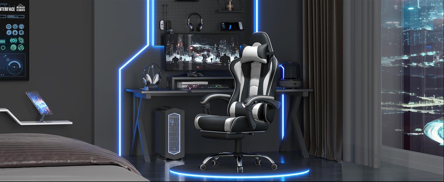 Ігровий крісло Yaheetech з масажем, комп'ютерне крісло з підніжкою, біле, регульована спинка 90-135°