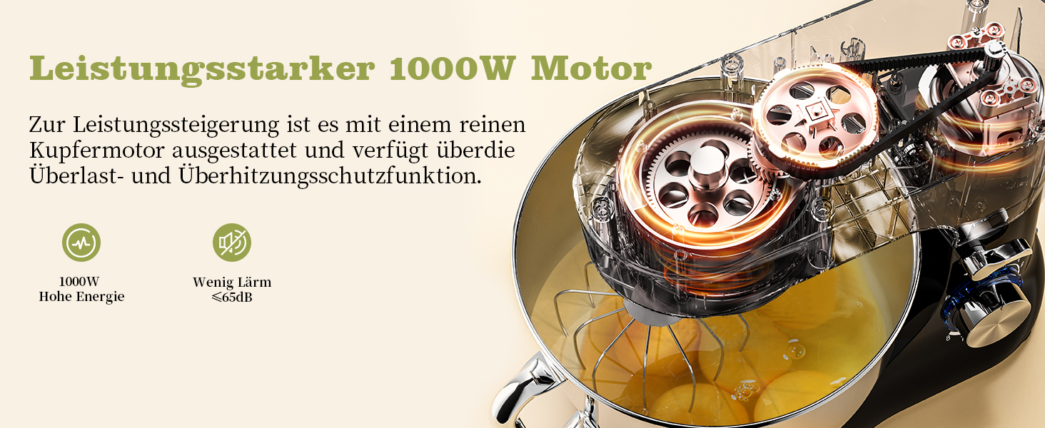 Кухонна машина Zuccie з тихою роботою, 5л чаша з нержавіючої сталі, 3 насадки, сплітц-захист, скребок для тіста та роздільник яєць, 8+P швидкості, для приготування тіста (білий/чорний)