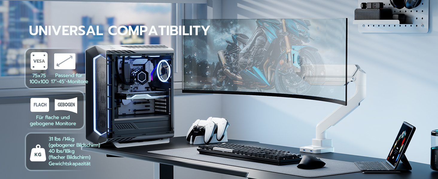 Кріплення для монітора ARES WING з USB A/C, 17'-45', регулювання висоти, білий. Підтримка VESA 100/75 мм, максимальне навантаження 18 кг