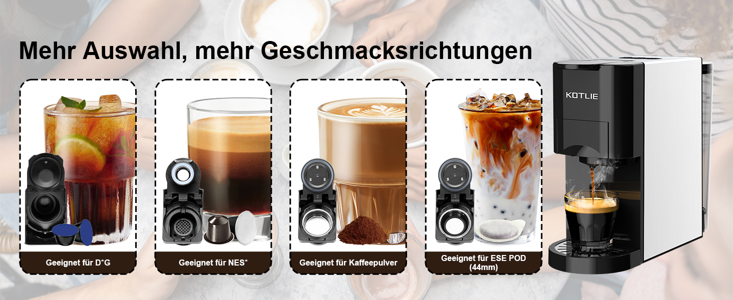 Кавомашина KOTLIE Espresso 4-в-1 для NES/Dolce Gusto/меленої кави/ESE (44мм), 19 Бар, Чорна