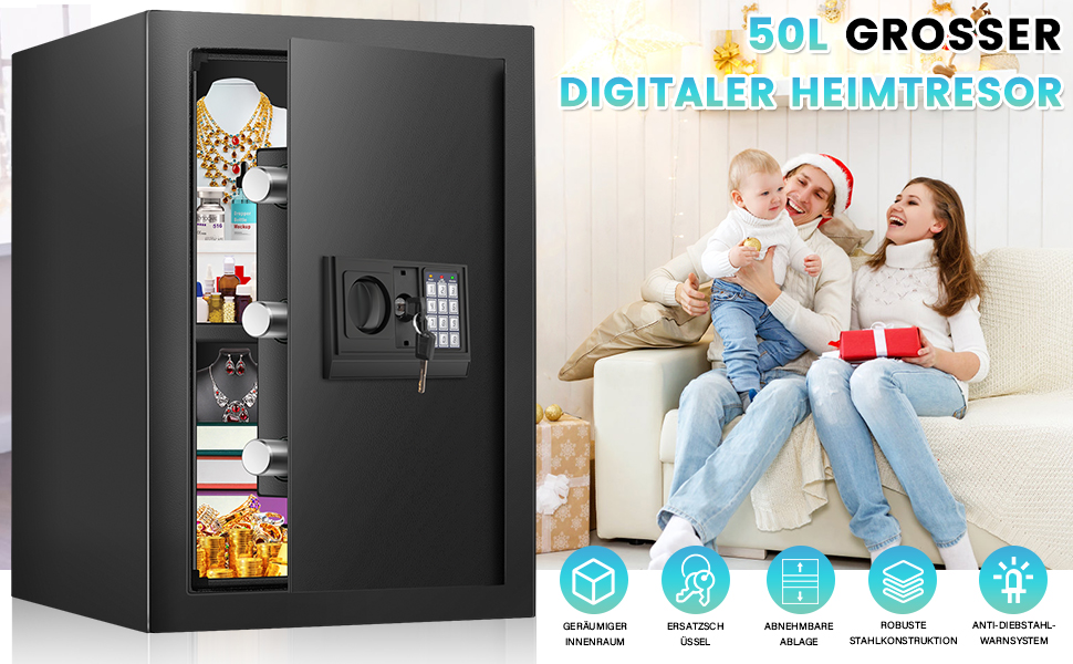 Великий сейф 50л для дому: вогнестійкий, водонепроникний, з ключем та кодовою панеллю. Сейф для зберігання золота, прикрас, документів. Сейф для меблів з інтелектуальною системою сигналізації, настінний сейф.