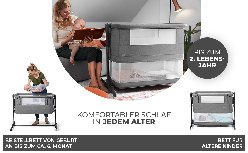 Дитяче ліжко Kinderkraft Neste Grow 3 в 1: ліжко-манеж, ліжко для малюків (від народження до 2 років), з матрацом, сумкою для транспортування, регулюванням висоти та сталевим каркасом, сірий колір