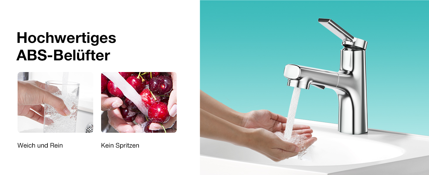 Сучасний змішувач для ванної кімнати CREA з висувною лійкою, 2 режими струменя, з міді, хром, для умивальника