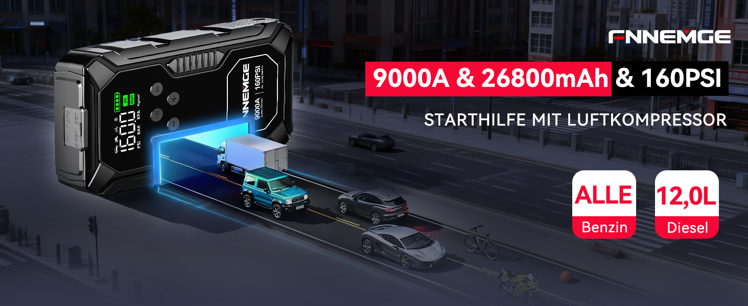 Пусковий пристрій (бустер) FNNEMGE 26800mAh 9000A з компресором 160PSI для авто 12V (бензин та дизель до 12.0L), Powerbank з LCD-екраном та LED-ліхтарем