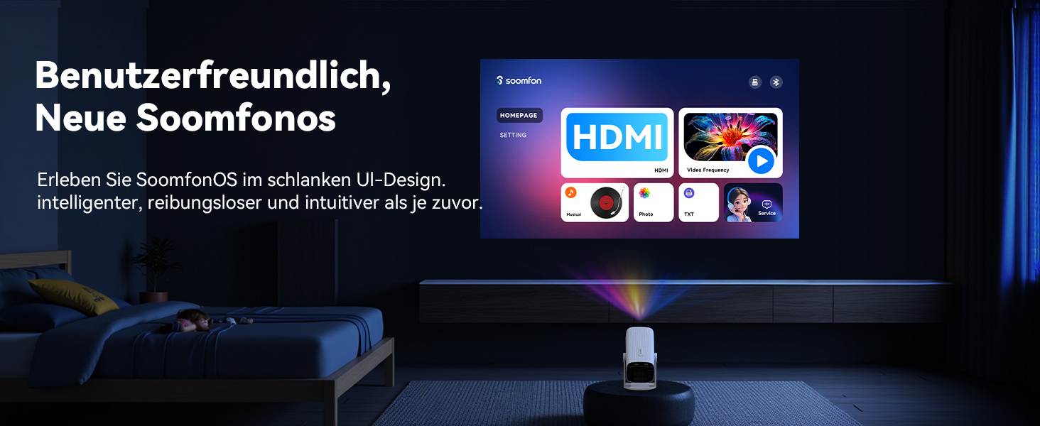 SOOMFON Mini Beamer 1080P: Портативний проєктор з Bluetooth, автотрапецеїдною корекцією та електричним фокусом. Сумісний з iPhone, Tablet, Laptop, TV Stick, HDMI, USB